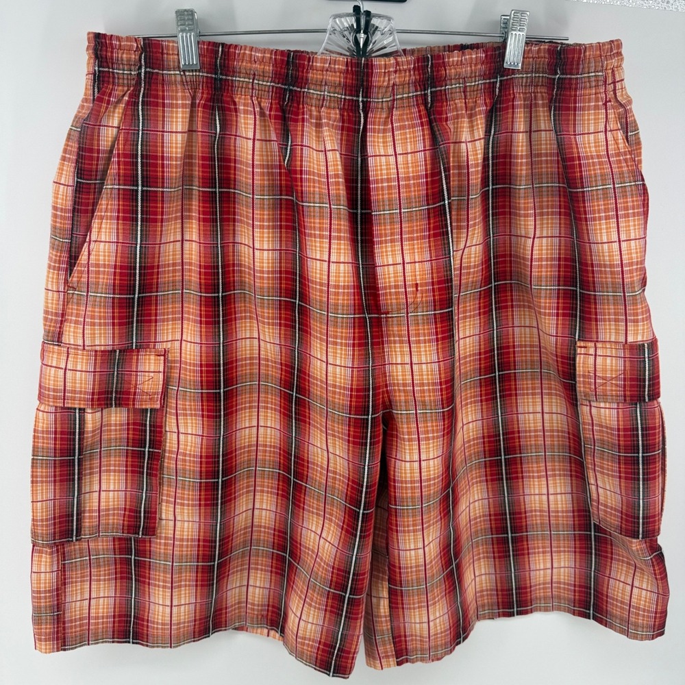 Shaka Wear Mens 4XL Plaid Cargo Shorts Red Orange Elastic Waist Baggy Streetwear